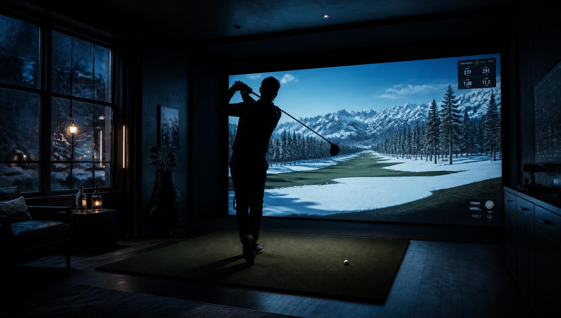 Golfari lyö palloa Trackman-simulaattorissa talvi-iltana